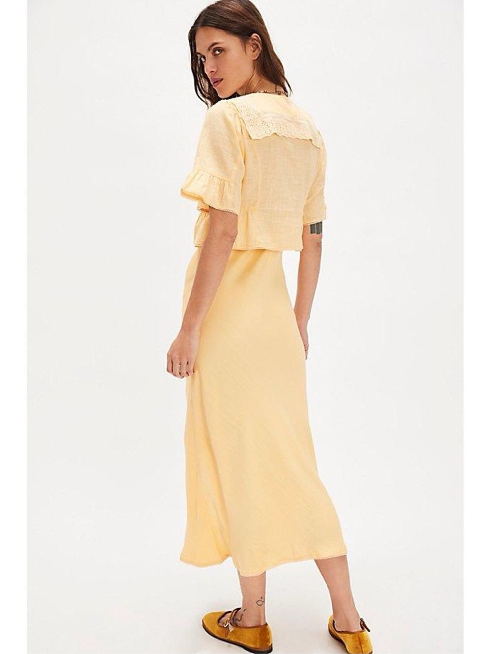 Free People Pale Yellow Maxi Dress with Cropped Lace Jacket